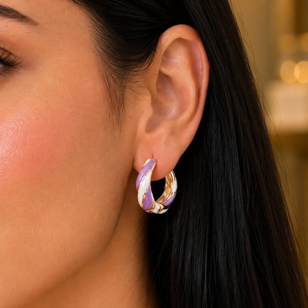 White and Lilac Enamel Hoops — close-up on ear